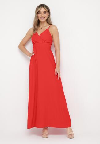 Czerwona Sukienka z Kopertowym Dekoltem na Cienkich Ramiączkach Piamena