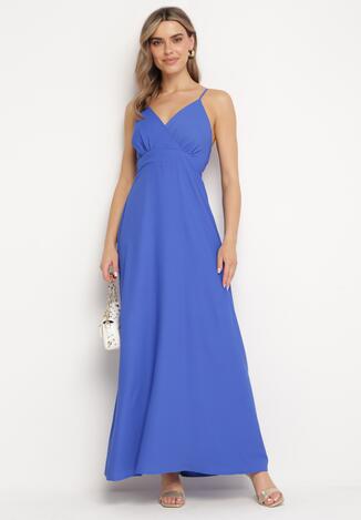Niebieska Sukienka z Kopertowym Dekoltem na Cienkich Ramiączkach Piamena