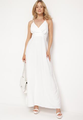 Biała Sukienka z Kopertowym Dekoltem na Cienkich Ramiączkach Piamena