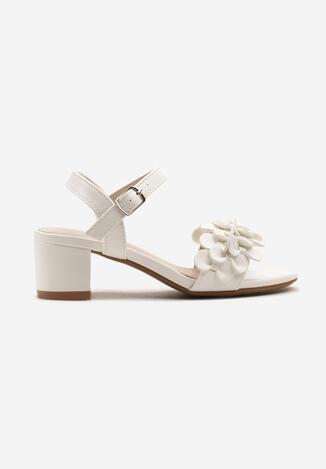 Białe Sandały na Niewysokim Obcasie Ozdobione Kwiatami 3D Viabella