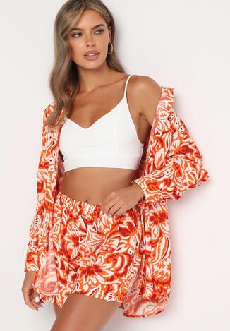 Pomarańczowy Dwuczęściowy Komplet Koszula z Regulowanym Rękawem Szorty z Gumką w Pasie Bellagrace
