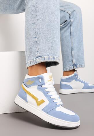 Biało-Niebieskie Płaskie Sneakersy za Kostkę z Ozdobnymi Przeszyciami Moonwera