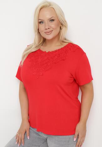 Czerwony Klasyczny T-shirt z Koronką przy Dekolcie Fioma