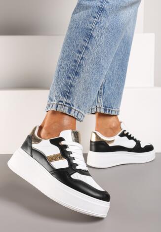 Czarno-Białe Sneakersy za Kostkę z Imitacji Skóry ze Sznurowaniami i Perforacją Uzimena