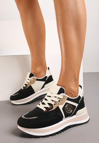 Czarno-Beżowe Sneakersy z Imitacji Skóry ze Sznurowaniami i Aplikacją Obinaria