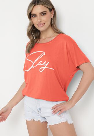 Pomarańczowy Wiskozowy T-shirt Koszulka z Rękawami Typu Nietoperz z Ozdobnym Napisem Comalita