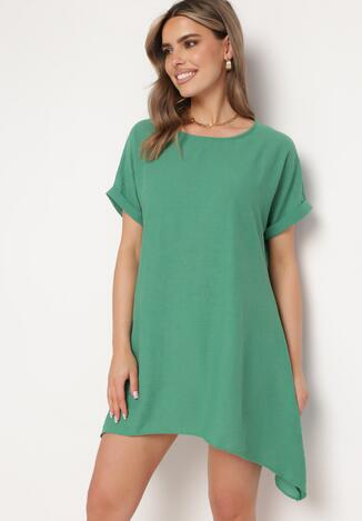 Zielona Tunika Sukienka z Krótkim Rękawem i Asymetrycznym Dołem Fianda