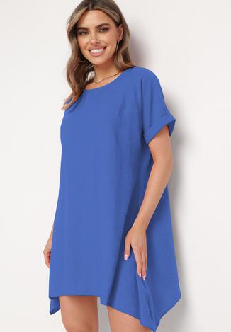 Niebieska Tunika Sukienka z Krótkim Rękawem i Asymetrycznym Dołem Fianda