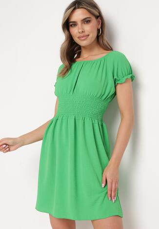 Zielona Rozkloszowana Sukienka Typu Hiszpanka z Gumką w Pasie Tiadella