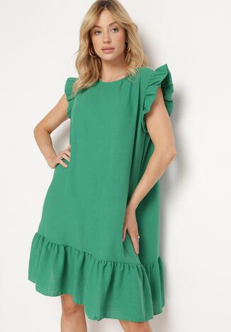 Zielona Rozkloszowana Sukienka z Falbanką na Dole i przy Rękawach Biojara