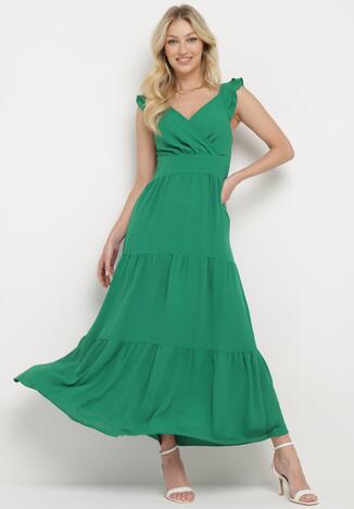 Zielona Sukienka na Ramiączkach z Falbanką z Kopertowym Dekoltem i Gumkami w Talii Gaveta