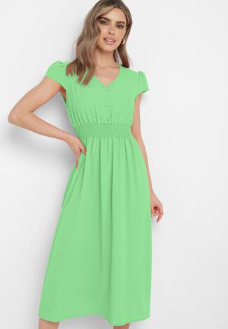 Zielona Rozkloszowana Sukienka z Gumką w Pasie Ozdobiona Guzikami Timaxre