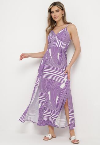 Fioletowa Sukienka z Kopertowym Dekoltem na Regulowanych Ramiączkach z Rozcięciami Jatila