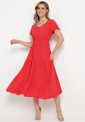 Czerwona Sukienka z Wiskozy Folky
