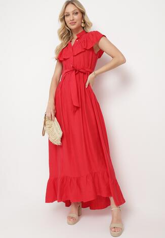 Czerwona Rozkloszowana Sukienka z Wiskozą Ozdobiona Falbankami Zapinana na Guziki z Dodatkowym Materiałowym Paskiem Ganesia