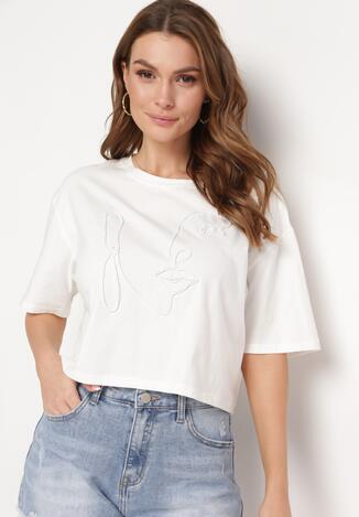 Biały Krótki Bawełniany T-shirt z Ozdobną Aplikacją ze Sznurkiem Abiola