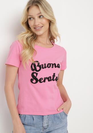 Różowy Bawełniany T-shirt z Ozdobnym Napisem z Cyrkonii Tiavalia