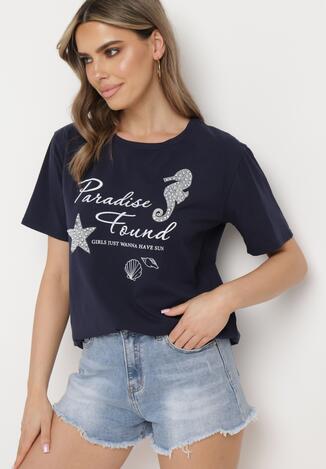 Granatowy Klasyczny Bawełniany T-shirt z Krótkim Rękawem z Nadrukiem Ozdobiony Perełkami Tiavenna