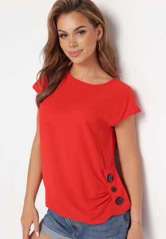Czerwony Koszulka T-shirt Bluzka z Krótkim Rękawem ze Zdobnymi Guzikami Qloella