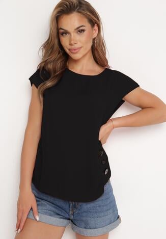 Czarna Koszulka T-shirt Bluzka z Krótkim Rękawem ze Zdobnymi Guzikami Qloella