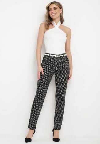 Czarno-Białe Spodnie Skinny w Kropki z Regularnym Stanem i Materiałowym Paskiem Uloella
