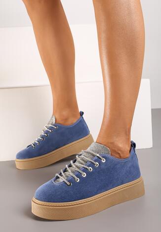 Niebieskie Sznurowane Sneakersy na Grubszej Podeszwie Zdobione Delikatnymi Cyrkoniami Limeta
