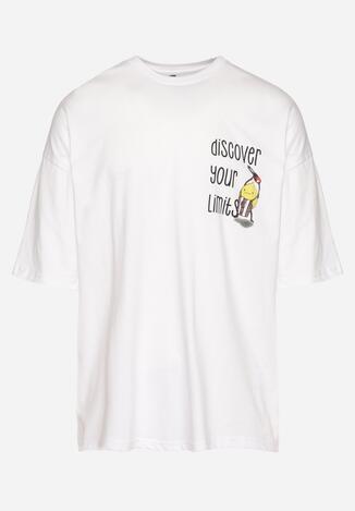Biała Bawełniana Koszulka T-shirt z Krótkim Rękawem z Nadrukiem na Plecach i Przodzie Civia