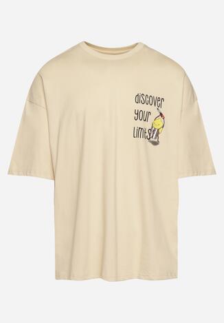 Jasnobeżowa Bawełniana Koszulka T-shirt z Krótkim Rękawem z Nadrukiem na Plecach i Przodzie Civia