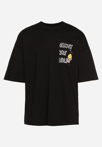 Czarna Bawełniana Koszulka T-shirt z Krótkim Rękawem z Nadrukiem na Plecach i Przodzie Civia