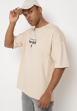 Beżowa Bawełniana Koszulka T-shirt z Krótkim Rękawem Ozdobiony Nadrukami Citara