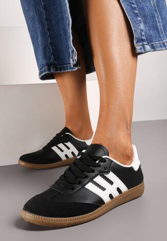 Czarno-Białe Płaskie Klasyczne Sneakersy ze Sznurowaniem i Ozdobnymi Paskami Azamia