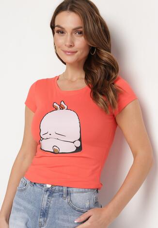 Różowy Bawełniany T-shirt z Ozdobnym Nadrukiem Ianestra