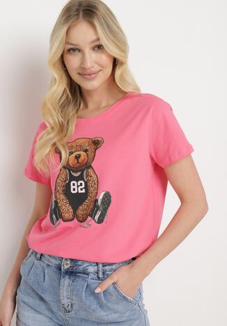 Różowy Bawełniany T-shirt z Ozdobnym Nadrukiem Wanestra
