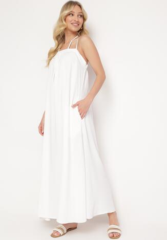Biała Sukienka na Regulowanych Ramiączkach Wiązana na Szyi Ploeliama