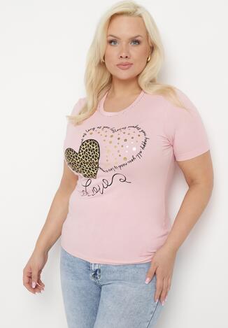 Różowy Bawełniany T-shirt Koszulka z Krótkim Rękawem Zdobiona Nadrukiem i Cyrkoniami Corila
