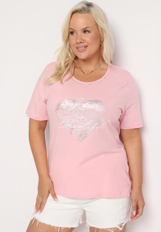 Różowy T-shirt Bawełniany z Krótkim Rękawem i Metalicznym Nadrukiem oraz Cyrkoniami Sanesti