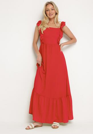 Czerwona Sukienka na Ramiączkach z Falbankami i Gumką w Talii z Wiązaniem na Plecach Tiolla