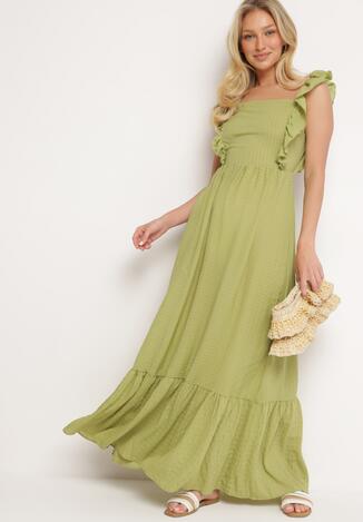Zielona Sukienka na Ramiączkach z Falbankami i Gumką w Talii z Wiązaniem na Plecach Tiolla