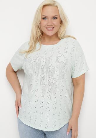 Miętowy T-shirt Bluzka z Cyrkoniami w Gwiazdki Tleina