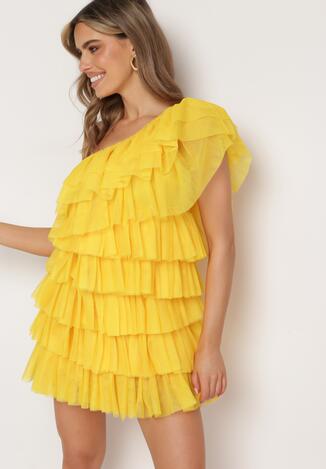 Żółta Sukienka Mini na Jedno Ramię Asymetryczna z Falbankami Nomenta
