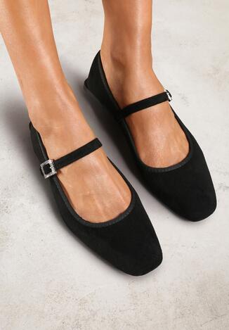 Czarne Eleganckie Balerinki z Ekozamszu ze Sprzączką i Kwadratowym Noskiem Ivalune