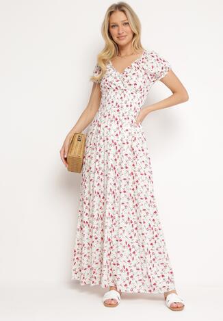 Biało-Różowa Sukienka z Wiskozy z Kopertowym Dekoltem i Gumką w Pasie w Kwiaty Kaseri