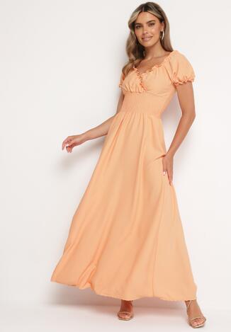 Pomarańczowa Wiskozowa Sukienka z Gumką w Pasie i Trójkątnym Dekoltem Quneri
