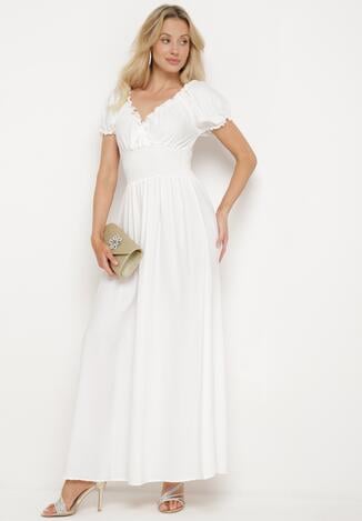 Biała Wiskozowa Sukienka z Gumką w Pasie i Trójkątnym Dekoltem Quneri