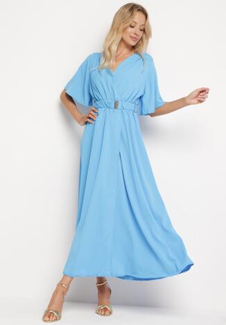 Niebieska Sukienka z Kopertowym Dekoltem z Gumką w Pasie i Paskiem z Metalową Klamerką Teseri