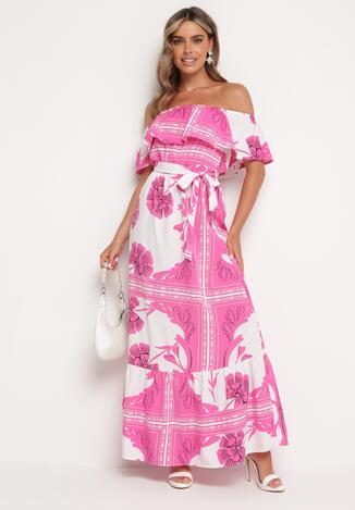 Różowo-Biała Sukienka Typu Hiszpanka z Gumką w Pasie i Materiałowym Paskiem Ozdobiona Falbanką Woneri
