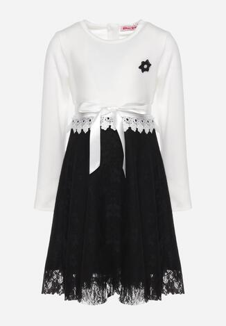 Czarno-Biała Sukienka Rozkloszowana z Ozdobną Odpinaną Broszką Graspia