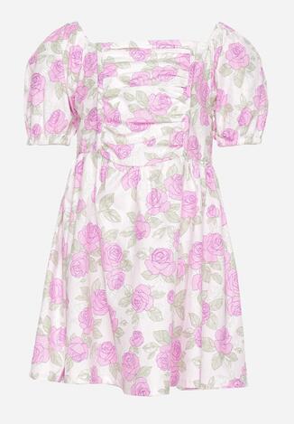 Różowa Bawełniana Sukienka w Kwiatowy Print z Bufiastymi Rękawami Flospia