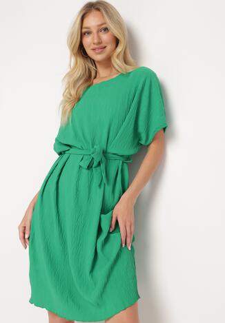 Zielona Sukienka pudełkowa z Materiałowym Paskiem Imoolia