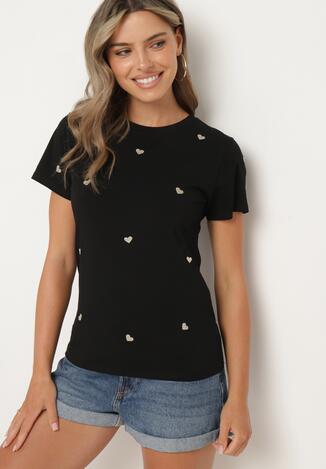 Czarny T-shirt Bawełniany z Naszytymi Serduszkami Monolia